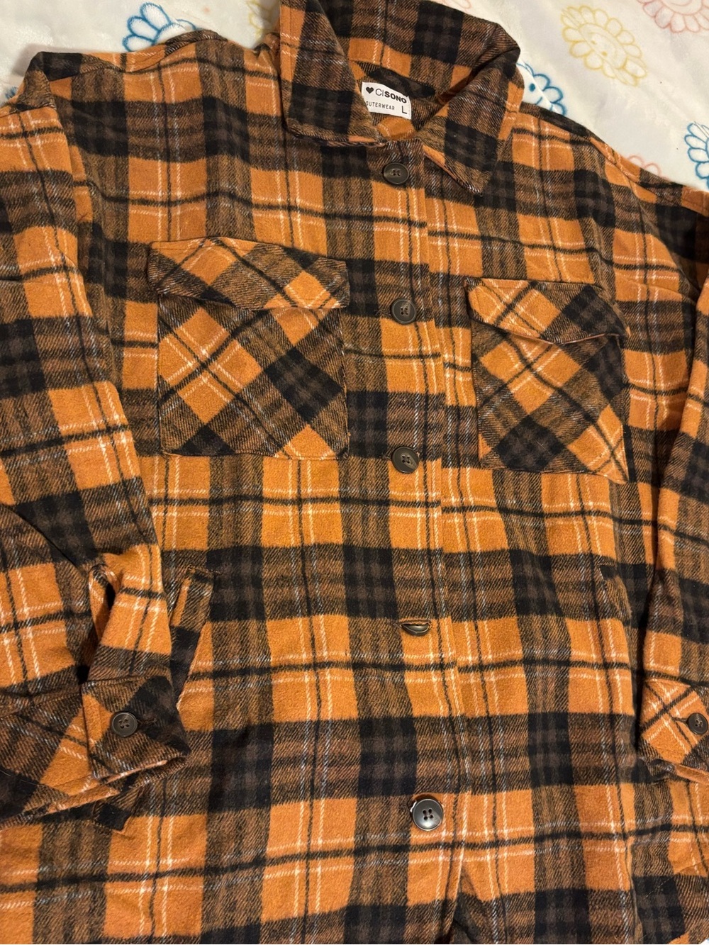 Ci Sono Orange and Black Plaid Button-Front Shirt Jacket